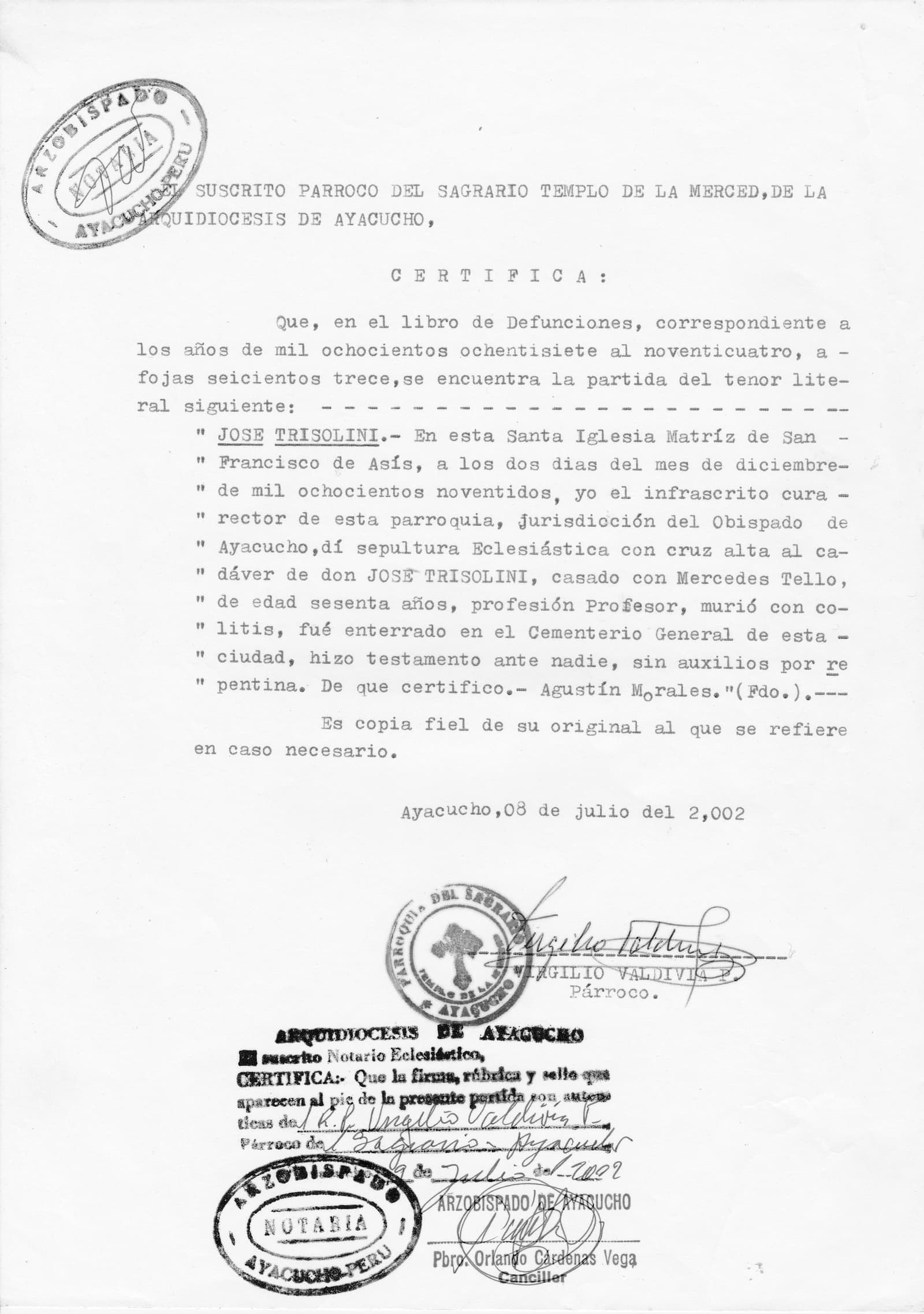 Partida de Defunción de Giuseppe Trisolini